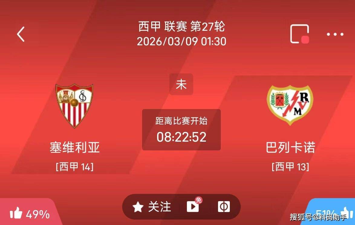 今日足球推荐：3/8 1点30西甲 塞维利亚VS巴列卡诺